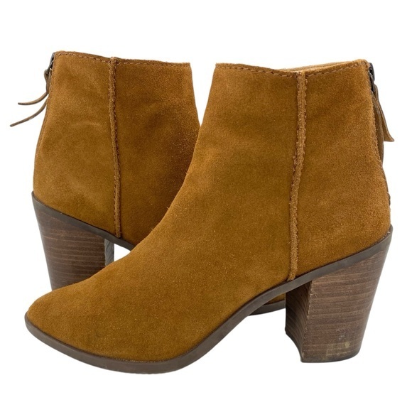BP. Heath Brown Suede Leather Ankle Boots Back Zip Block Heel Bootie - Picture 1 of 8